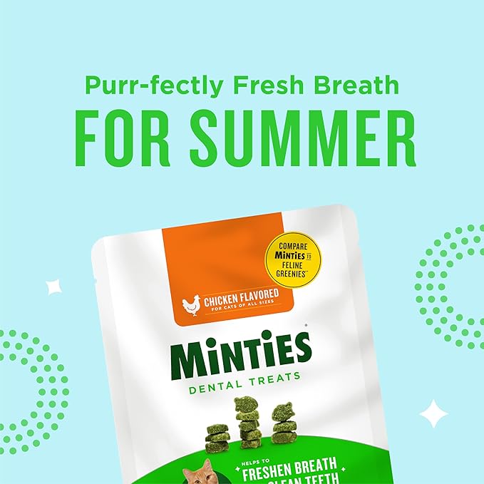 Minties Dental Treats for Cats, Chicken Flavored Treats for Cats, Freshens Breath and Controls Tartar, 30oz (12 2.5oz Bags)