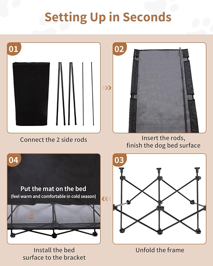 KingCamp Elevated Dog Bed for Large Dogs, Outdoor Raised Cooling Pet Cot Bed with Washable Breathable Mesh & No-Slip Feet Perfect for Camping, Backyard, Indoor Use (L, Black)