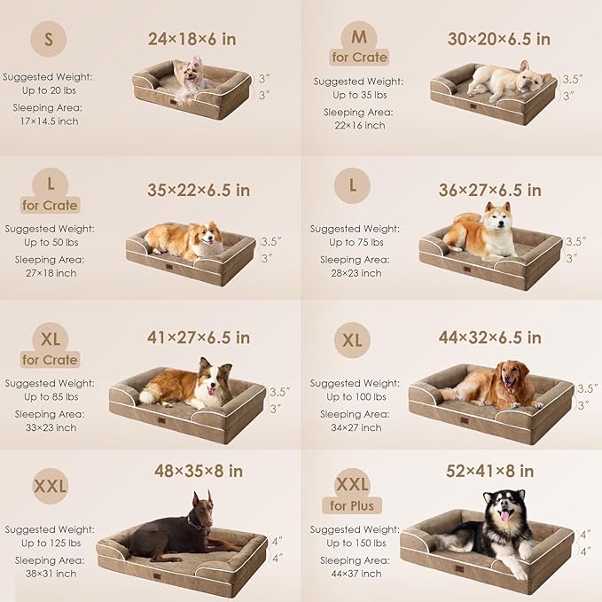EHEYCIGA Orthopedic Dog Beds for Extra Large Dogs, Waterproof Memory Foam XL Dog Bed with Sides, Non-Slip Bottom and Egg-Crate Foam Big Pet Couch Bed with Washable Removable Cover, Camel