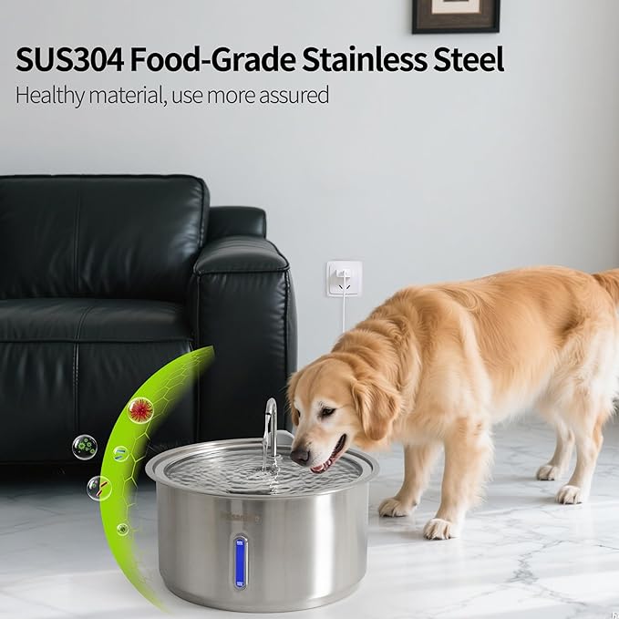 Large Dog Water Fountain, Petsamuse 11L/2.8Gal Automatic Circulating Stainless Steel Water Bowl Dispenser with 15 Replacement Filters, 2 Ultra Quiet Pumps, 2 Spray Modes and a Brush for Multi-Pet