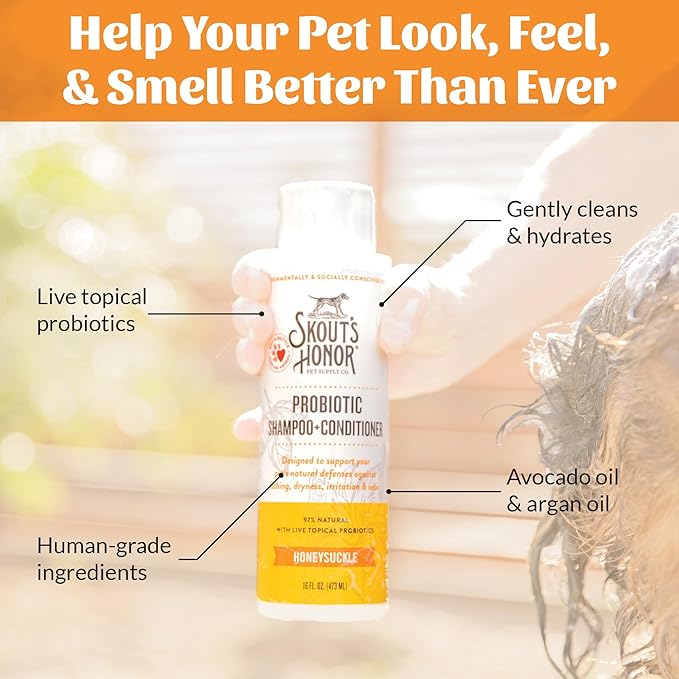Skout's Honor Probiotic Dog Shampoo & Conditioner with Avocado Oil & Omega-3s, 97% Natural, Paraben & Sulfate-Free, Cruelty-Free, 16oz, Honeysuckle 2-Pack