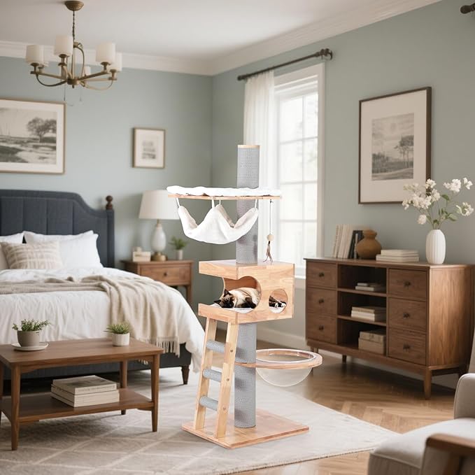 63-inch Modern Cat Tree, Luxury Cat Tower with Scratching Post, Unique Cat Condo with Hammock, Heavy Duty Kitty Climbing Tree for Indoor Cat, Wooden Kitty House for Small Medium Large Cats