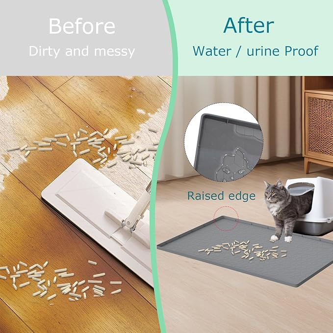 Cat Litter Mat for Litter Box, Silicone Large Cat Litter Trapping Mat - 34x22 in, Waterproof & Non-Slip, Durable & Easy Clean, Gray