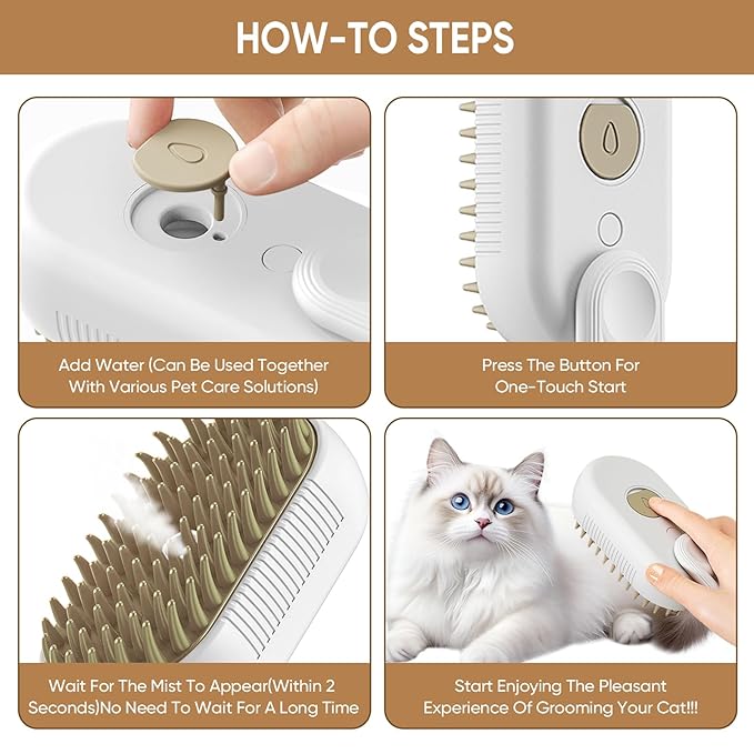4-in-1 Cat Steam Brush for shedding – Self-Cleaning Comb for Long and Short Hair Cats and Dogs, Steam Pet Brush for Hair Removal, Vibrating Message, Grooming & Relaxation (White)