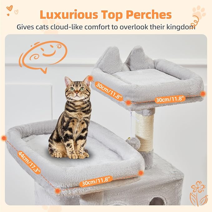 Taoqimiao Cat Tree 57.5-Inch, Cat Tower for Indoor Cats Large Adult, Extra Large Cat Condo, 8 Sisal Scratching Posts, Metal Frame Cozy Hammock, Durable Scratch Board, 2 Top Perches, Light Gray MS026W