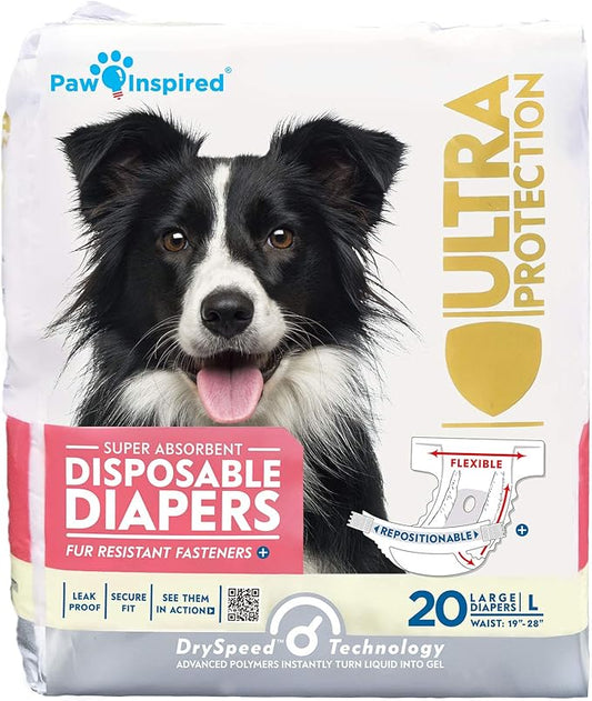 Paw Inspired 20ct Disposable Dog Diapers | Female Dog Diapers Ultra Protection | Diapers for Dogs in Heat, Excitable Urination, or Incontinence (Large)