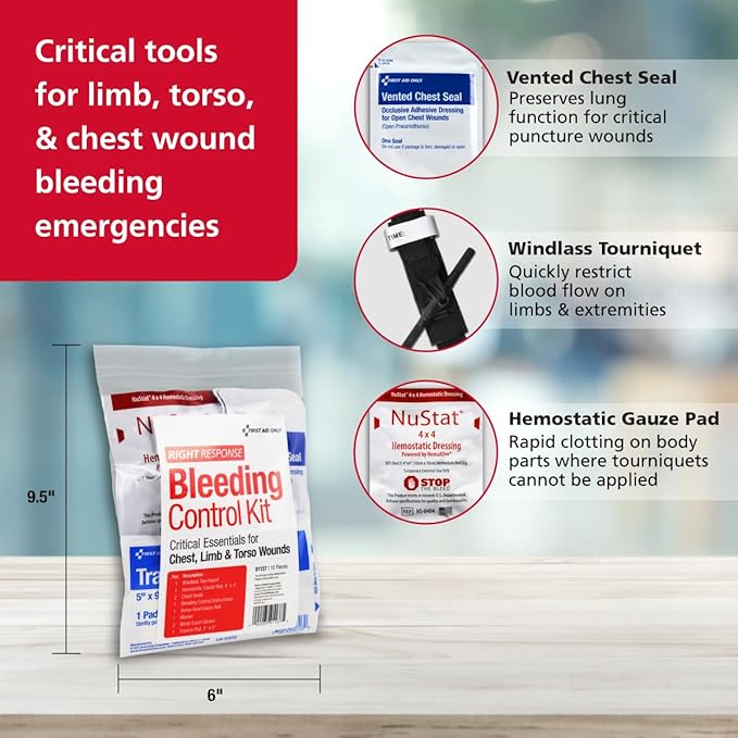 First Aid Only 91137 Critical Essentials Bleeding Control Kit for Chest, Limb & Torso Wounds, 10 Pieces