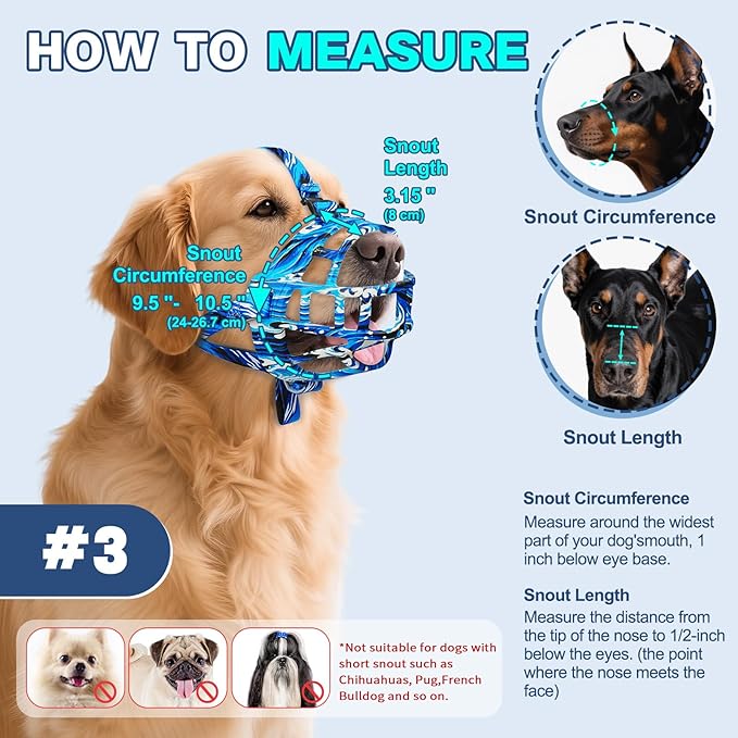 Basket Muzzle to Prevent Biting, Dog Muzzle for Large Medium Small Dogs Allows Panting Drinking Anti Chewing, Perfect for Grooming Trimming Training and Aggressive Reactive Dogs (Blue, Size 3)