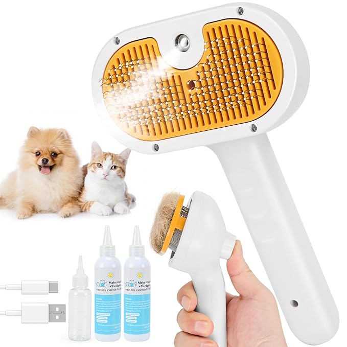 Pet Steam Brush for Cats and Dogs, 4-in-1 Cat Brush for Shedding, Spray Hair Removal Comb with 2 Waterless Shampoo, Pet Hair Removal Tool for Long & Short Haired Pets