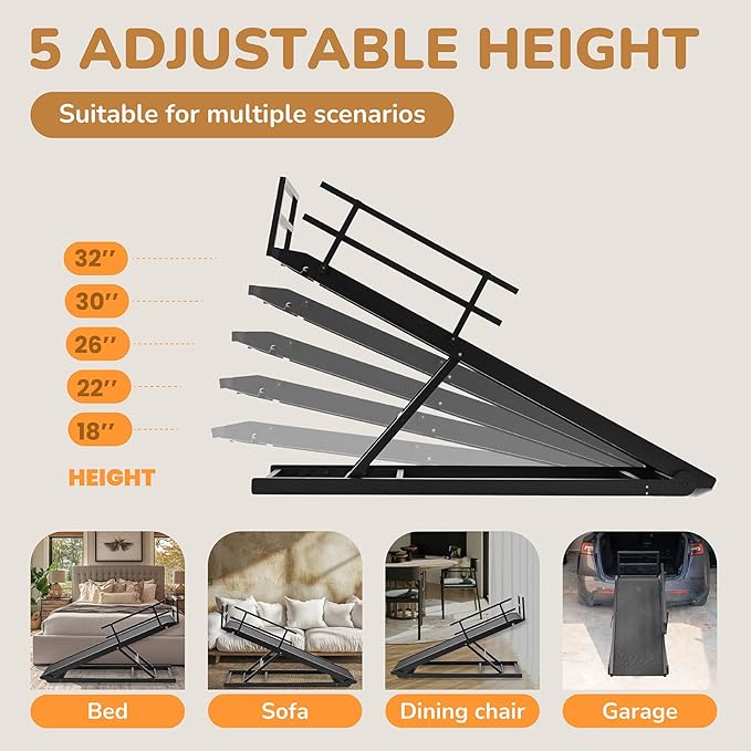 Dog Ramp for Bed, 5 Level Adjustable Dog Ramp for High Beds, Upgrade Rubber Mat High Traction Ramp with Safety Rails, Folding Pet Ramp for Bed, Couch,SUV, Natural Wood Pet Ramp for Small & Old Dogs
