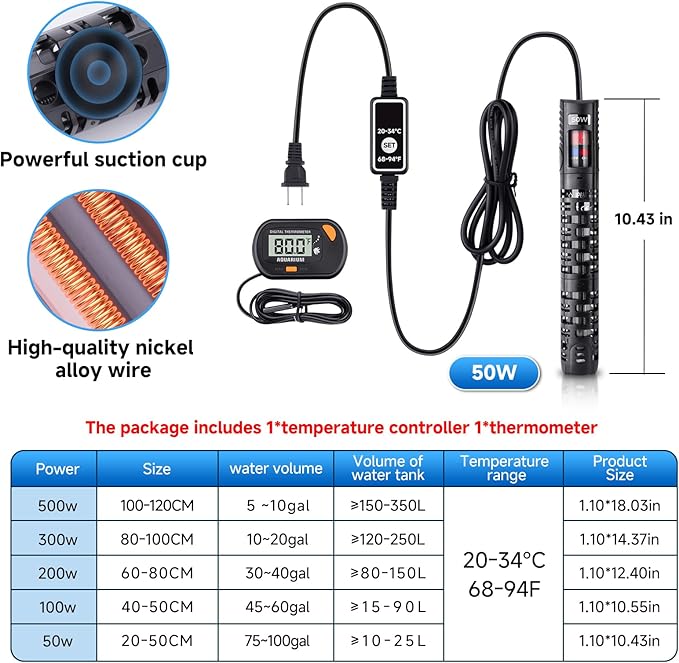 Aquarium Heater Submersible Fish Tank 50W& Turtle Tank Heater with External Adjustment Controller, Included Thermometer, LED Display, Overheat Protection, Detachable Cover, for Saltwater&Freshwater