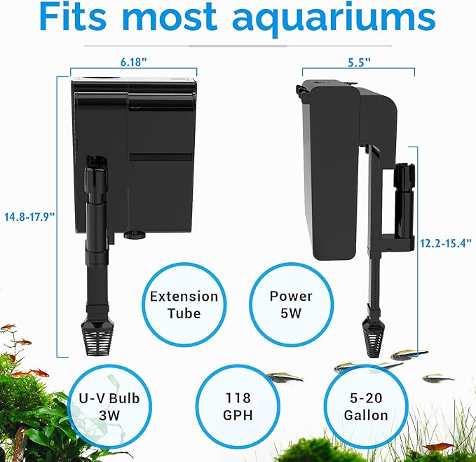 U-V Aquarium Filter for 10-20 Gallon Tank,Hang On Back Aquarium Filter Green Water Cleaning Machine,HOB Filter Ultra-Quiet Powerful Pump 118GPH for Fish Turtle Tank with Surface Skimmer