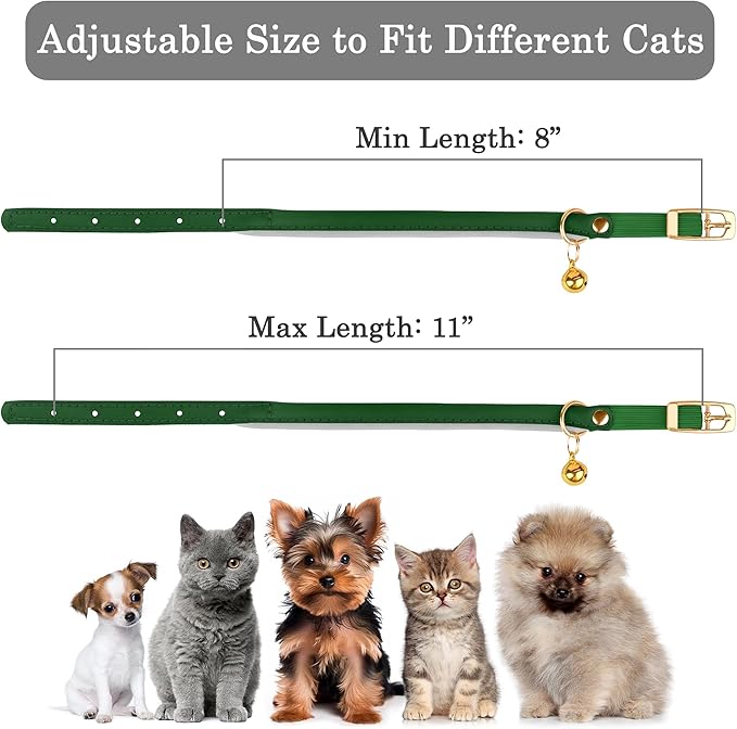 OOPSDOGGY Rolled Leather Cat Collar with Bell - Reflective Kitten Collar with Safety Elastic Strap - Adjustable Small Pet Collars for Boy Girl Cats (Green)