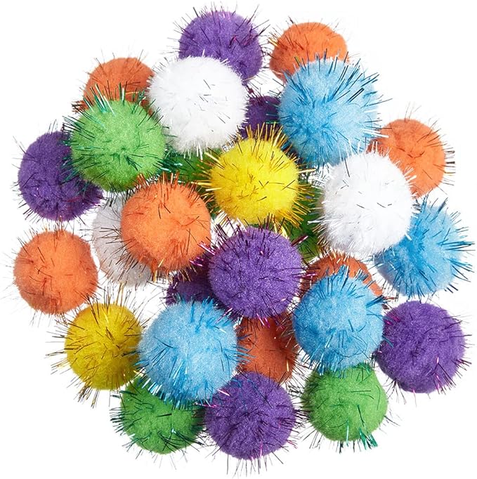30Pcs 1.2inch/3cm Sparkle Balls for Cats - Interactive Toy Pom Pom Fuzzy Tinsel Cat Balls for Indoor Play (Mixed Colour)