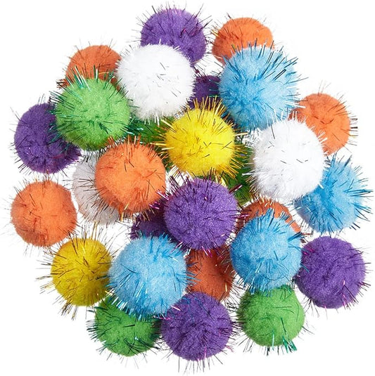30Pcs 1.2inch/3cm Sparkle Balls for Cats - Interactive Toy Pom Pom Fuzzy Tinsel Cat Balls for Indoor Play (Mixed Colour)