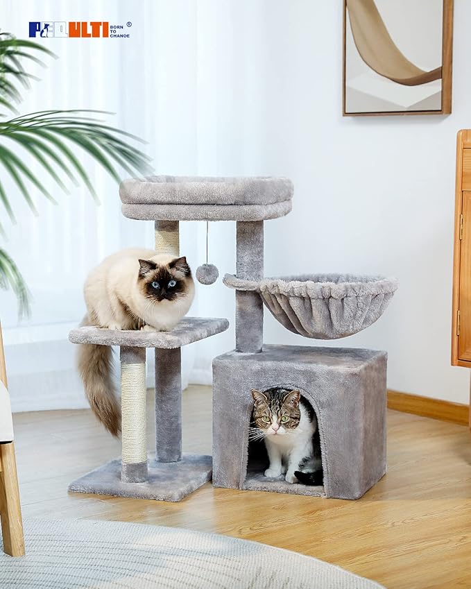 PEQULTI Small Cat Tree, [28.5''] Cat Tower for Indoor Cats, 2 Styles Activity Tree with Cat Scratching Posts, Big Hammock and Removable Top Perch Grey