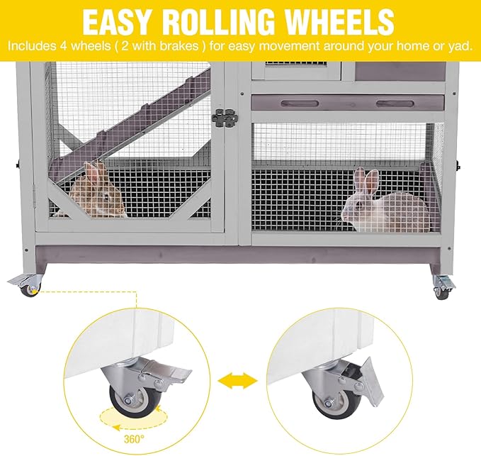 Aivituvin Rabbit Cage Indoor Outdoor Bunny Hutch on Wheels, 2 Story Wood Guinea Pig Cages with 2 Deeper Pull Out Trays (Gray)