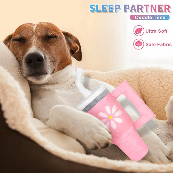 Squeaky Dog Toy - Crinkle Pup Cup Tumbler Plush Dog Toy with Cute Daisy Design for Small Medium Breeds, Funny Interactive Puppy Birthday Gift (Pink)