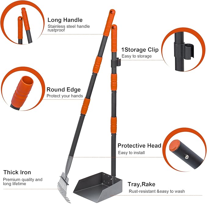Niubya Pooper Scooper for Dogs, Metal Poop Scooper Tray and Rake Set with Adjustable Long Handle, Dog Pooper Scooper for Pet Waste Removal