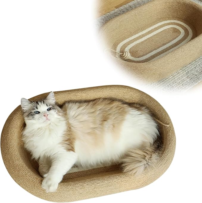 Cat Scratching Pad -Oval Cat Scratching Post - with Natural Sisal and Hanging Toy Ball, 3-in-1 Cat Scratching Post, Sisal Bed, Suitable for Indoor Cat Play, Round Oval Rest and Scratching