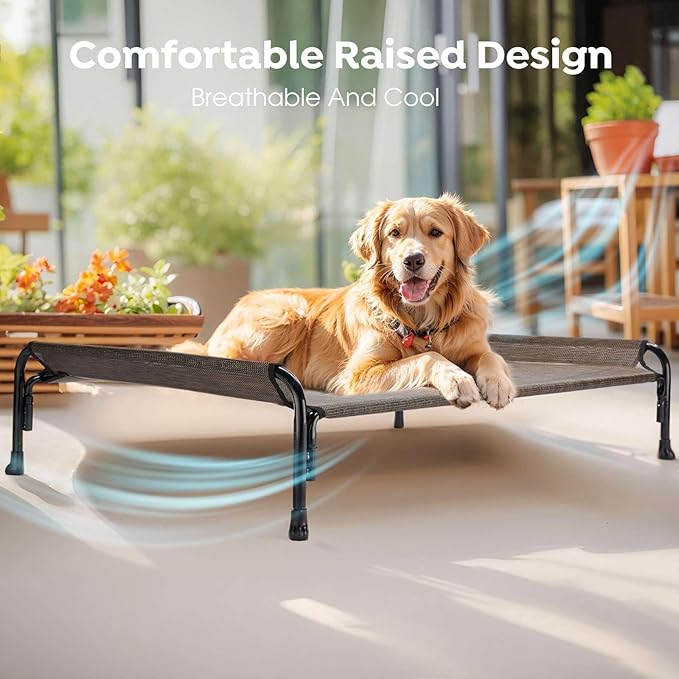 Veehoo XL Outdoor Elevated Dog Bed, Raised Dog Cot for Extra Large Dogs, Cooling Washable Waterproof Pet Hammock Beds with Slope Headrest, Breathable Mesh and Sturdy Frame, X-Large, Brown, CWC2204