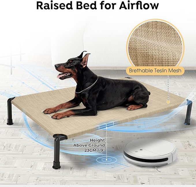 Veehoo Heavy Duty Elevated Dog Bed - Raised Bed with Washable & Breathable Teslin Mesh, Non-Slip Silicon Feet, Cooling Dog Cot, Indoor/Outdoor Use, 41" x 27", Beige Coffee