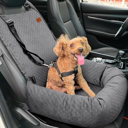 Dog Car Seat for Small Medium Dogs Up to 40lbs, Detachable Washable Soft Pet Booster Travel Bed for Front & Gray Seat with Safety Leash Belt