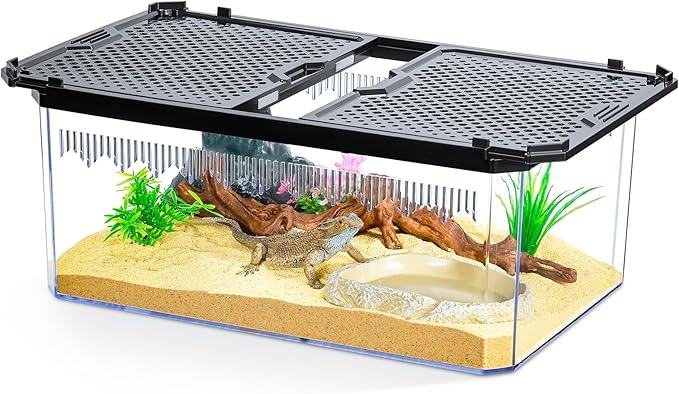 High-Transparency Reptile & Insect Enclosure Terrarium with Magnetic Door, Excellent Ventilation, Easy Cleaning, and Strong, Long-Lasting Build for Gecko, Tarantula, Hermit Crab (12x8.1x5.3 Inch)