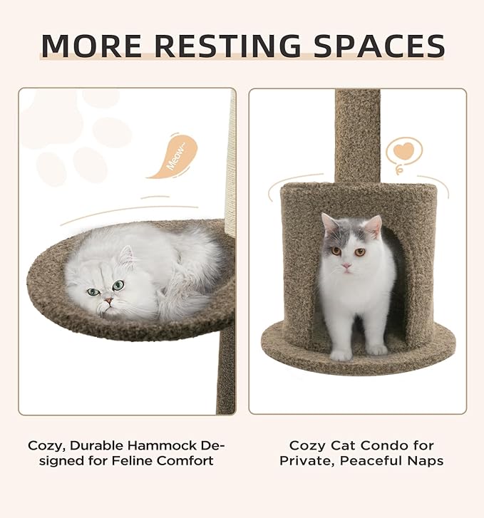 Made4Pets Floor to Ceiling Cat Tree 93-106'',Tall Cat Tower 5 Tiers, Adjustable Height, Stable Cat Tree Tower with Scratching Posts, Fluffy Condo, Hammock and Ball Toy for Indoor Cats/Kitten, Brown