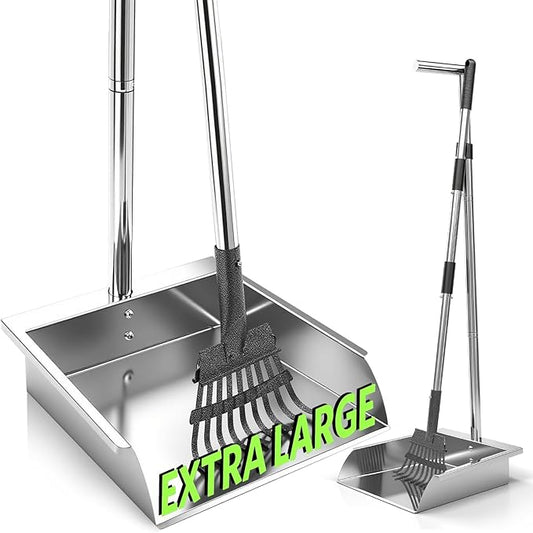 Heavy Duty Metal Pooper Scooper, Dog Pooper Scooper for Large Medium Dogs Long Handle Stainless Tray and Rake Set，Extremely Durable Metal Stainless Steel Dustpan for Indoor Outdoor Cleaning 。