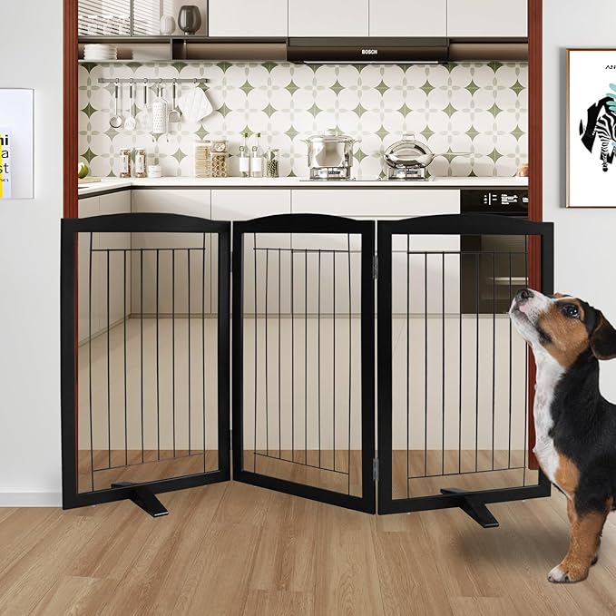 ZJSF Freestanding Dog Fence Indoor, Foldable Dog Gate for Doorways, Stairs or Hallways, Sturdy Wood Extra Wide Pet Gate with Support Feet for The House, Black, 32 "Height-3 Panels