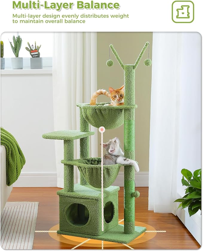 Cactus Cat Tree, 47.6" Cat Tower with 2 Metal Frame Hammock, Cat Scratching Post for Indoor Cats with 2 Removable Pompom Sticks for Kittens, Green