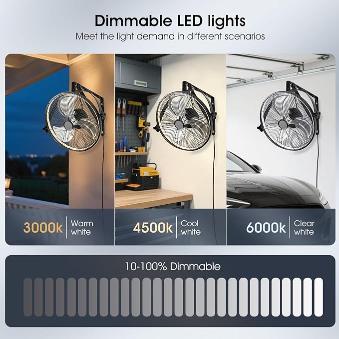 16 inch Wall Mount Fan with Lights and Remote,6-Speed Gazebo Ceiling Fan Adjustable Tilt Dimmable Wall Fan,High Velocity Industrial Outdoor Fans for Patio,Garage,Commercial,Black