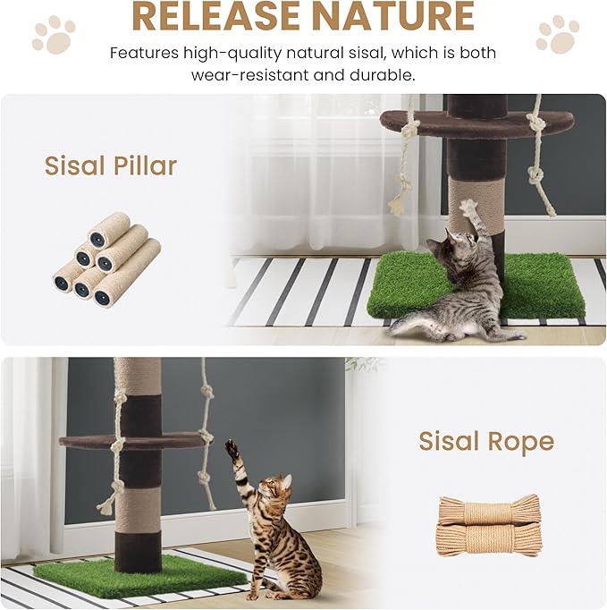SHA CERLIN 55 Inches Cat Tree Tower with Leaves/Cozy Perches with Scratching Post for Indoor Kittens and Adults Cats/Sisal Rope and Simulated Lawn with Wide Base/Brown & Green