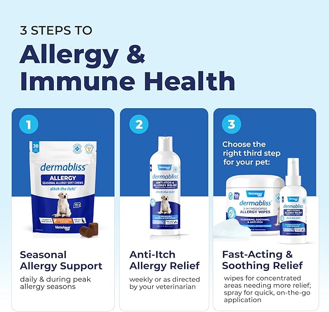 Vetnique Labs Dermabliss Dog Allergy and Itch Relief, Skin and Coat Health Supplements and Grooming Supplies with Omega 3-6-9, Biotin - Ditch The Itch (Itch Relief, 16oz Shampoo)