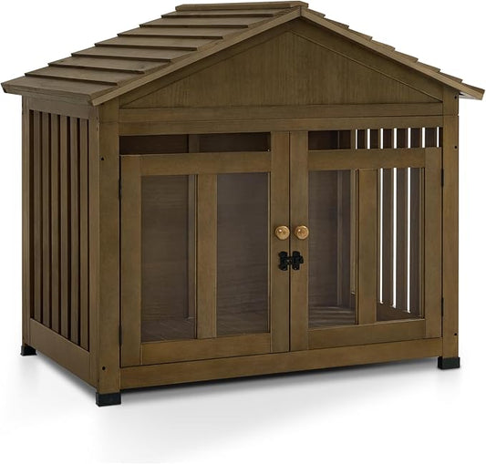 MCombo Wooden Dog House Furniture, Solid Wood Pet Kennel Indoor for Small/Medium Dogs, JD54 (Brwon, Medium)