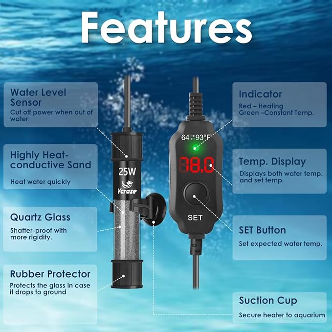 Super Compact 25W Fish Tank Heater, Submersible Aquarium Heater with LED Digital Display Thermostat, Adjustable Fish Heater for 3-5 Gallon Tanks