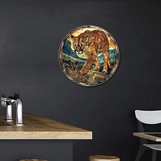 Lygond Metal Sign Tin Sign Circular Stained Glass Mountain Lion Gardening Sign for Garden 8×8 Inches