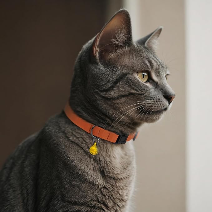 Breakaway Cat Collar Leather with Removable Bell - 13 Colors Available - Soft Adjustable Girl Boy Safety Lightweight Pet Kitten Collars Pink Brown Blue Green Red Orange Black (Mustard)