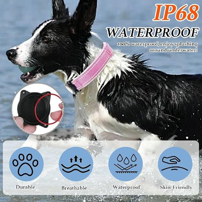 Upgraded AirTag Dog Collar, IP68 Waterproof Dog Collar with Apple Air Tag Holder, Reflective Adjustable Heavy Duty Dog Collars with Soft Padded for Small, Medium and Large Dogs,Pink, L