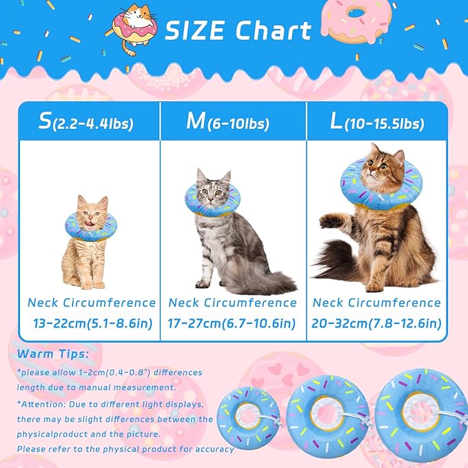 Cat Cone Soft Collar,Adjustable Cat Recovery Collars Kitten Cones to Stop Licking, Cute Donut Neck Collar After Surgery, Elizabethan Kittens Protective Cones After Spay (Donut Blue, Large)