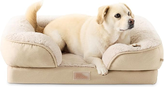 TOWN & COUNTRY EVERYDAY CuddleTown Comfy Solid Bolster Sofa Pet Bed, Supportive & Calming Egg Crate Foam, Non-Slip Bottom, Machine Washable Cover, Beige, Medium 28"x23"x8"