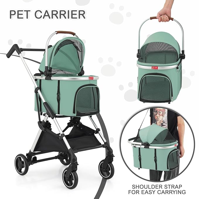 MoNiBloom Pet Stroller for Small/Medium Dogs w/Detachable Carrier & Lightweight Aluminum Frame, Folding Jogging Travel Stroller, Mint Green