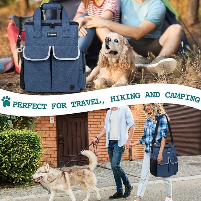 PetAmi Dog Travel Bag Pet Supplies Accessories Organizer for Traveling, Camping, Weekend; Cat Pet Travel Bag Kit Includes 2 Food Storage Containers, 2 Collapsible Bowls, 1 Feeding Mat (Navy Blue)