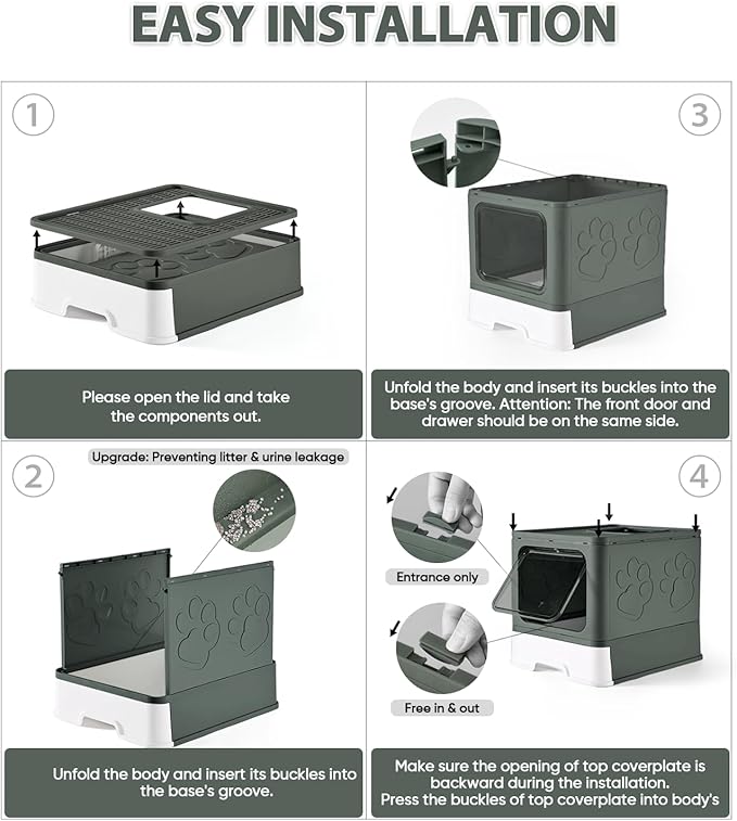 Cat Litter Box with X-Large Litter Mat and Scoop, Large Foldable Litter Box with Lid, Enclosed Kitty Box,Front Top Entry Exit, Odor Control Easy to Clean (Upgrade Olive Green)