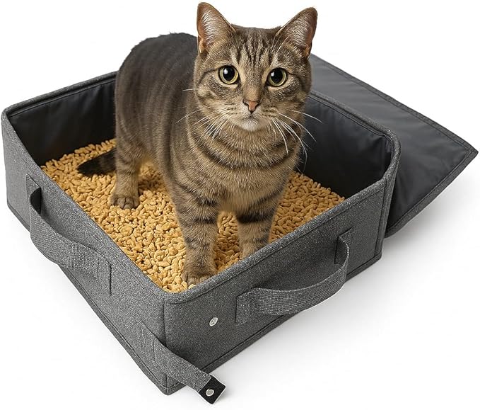 Portable Travel Litter Box for Cats, Small Foldable Travel Cat Litter Box with Zipped Lid, No Smell, Waterproof, Leak-Proof, for Car Hotel and Outdoor, Grey