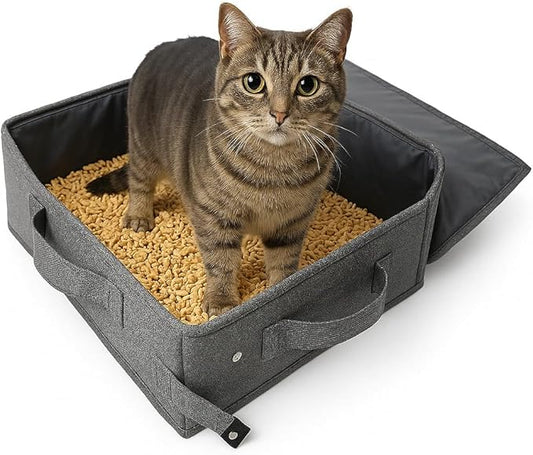 Portable Travel Litter Box for Cats, Small Foldable Travel Cat Litter Box with Zipped Lid, No Smell, Waterproof, Leak-Proof, for Car Hotel and Outdoor, Grey