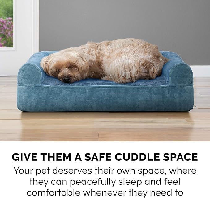 Furhaven Cooling Gel Dog Bed for Medium/Small Dogs w/ Removable Bolsters & Washable Cover, For Dogs Up to 35 lbs - Faux Fur & Velvet Sofa - Harbor Blue, Medium