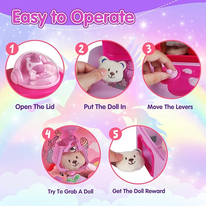 TingingYuli Claw Machine for Kids,Unicorn Mini Vending Machines Candy Grabber Prize Dispenser Toys for Girls,Electronic Arcade Game with 20 Mini Plush Toys for Christmas Easter Birthday Gifts