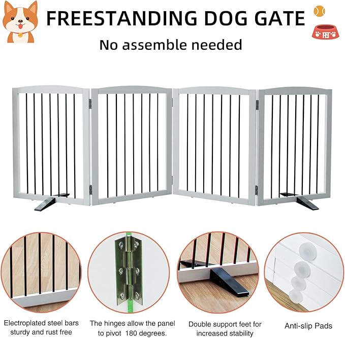 ZJSF Freestanding Panel Gate for Indoor Doorways, Stairs, or Hallways - Foldable White Wooden Dog Gates - Support Feet Included - 32" Height - 4 Panels